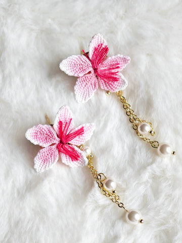 Handmade earrings with peach blossoms in micro-crochet